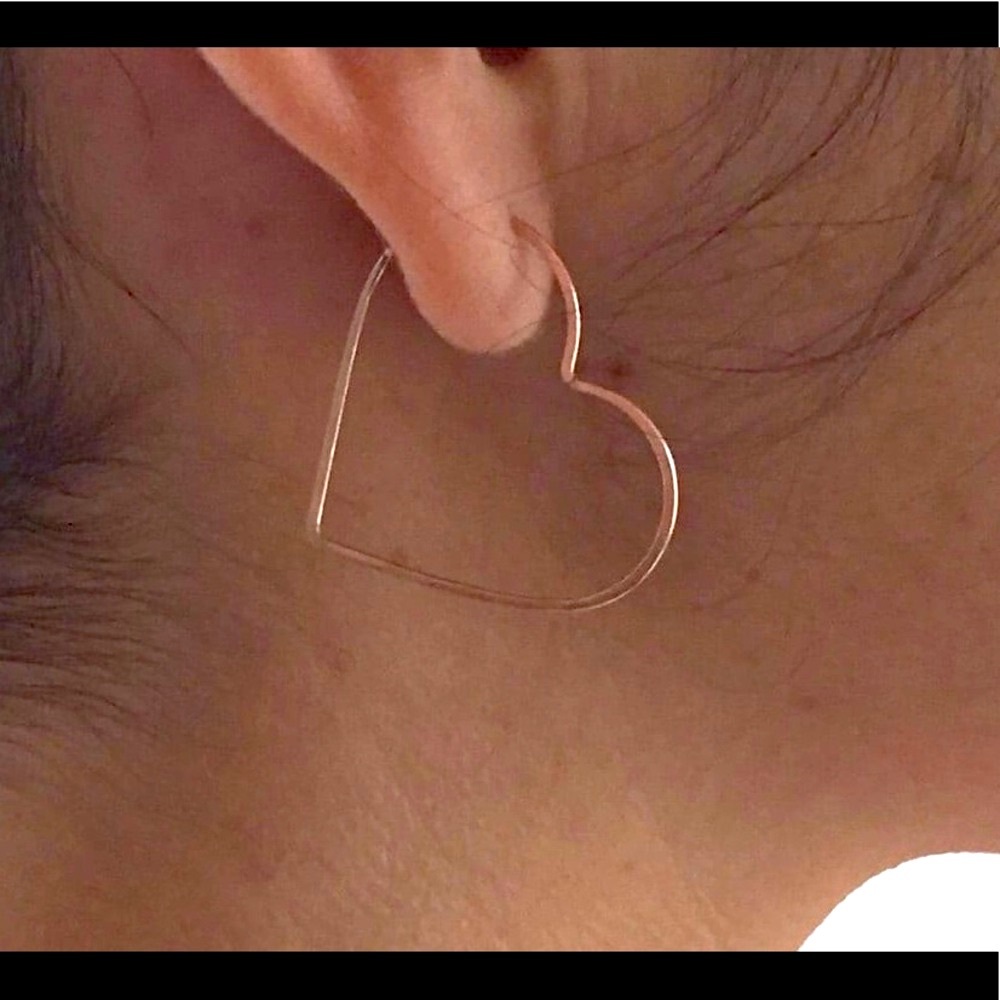 Minimalist Heart Hoop Earrings Gold Tone Thin Wire Open Heart Lightweight Price: